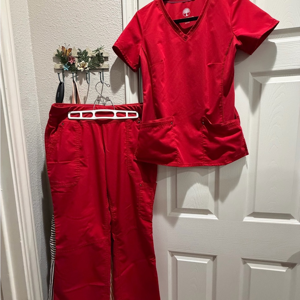THREE SETS Healing Hands Red SMALL Scrub Top and MEDIUM PETITE Yoga Pants Set
